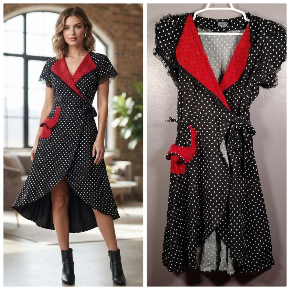 Hearts & Roses Vintage Inspired Dress Black White Polka Dot Red Collar Laced 10